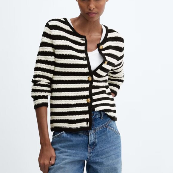 Mango MNG Striped cardigan sweater with jewel buttons Ladies small Black white - Picture 4 of 4